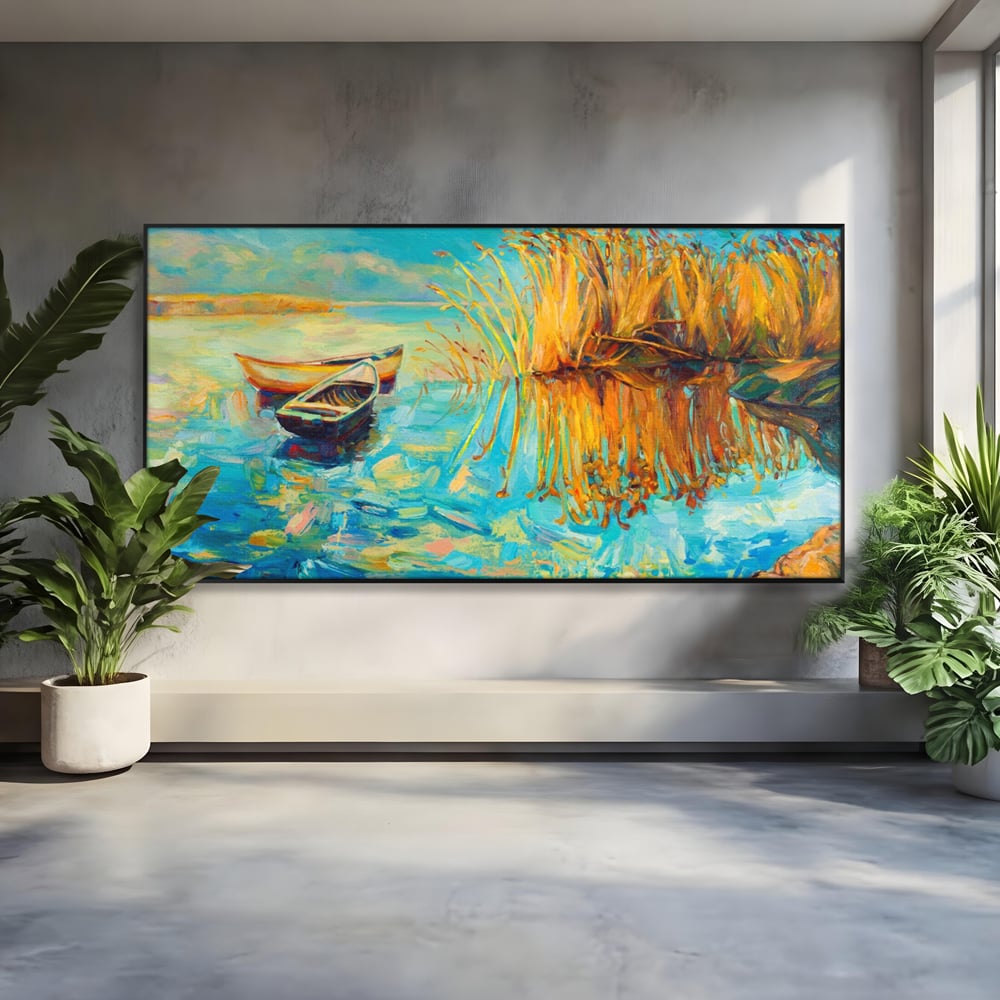 Tablou Canvas Premium  LuxCanva® A1096, Doua Barci , Stuf, Lac, Pasari, Culori Vibrante