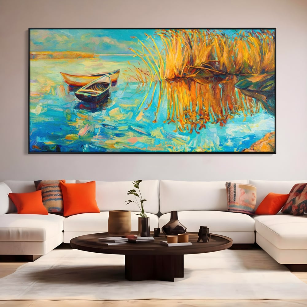 Tablou Canvas Premium  LuxCanva® A1096, Doua Barci , Stuf, Lac, Pasari, Culori Vibrante