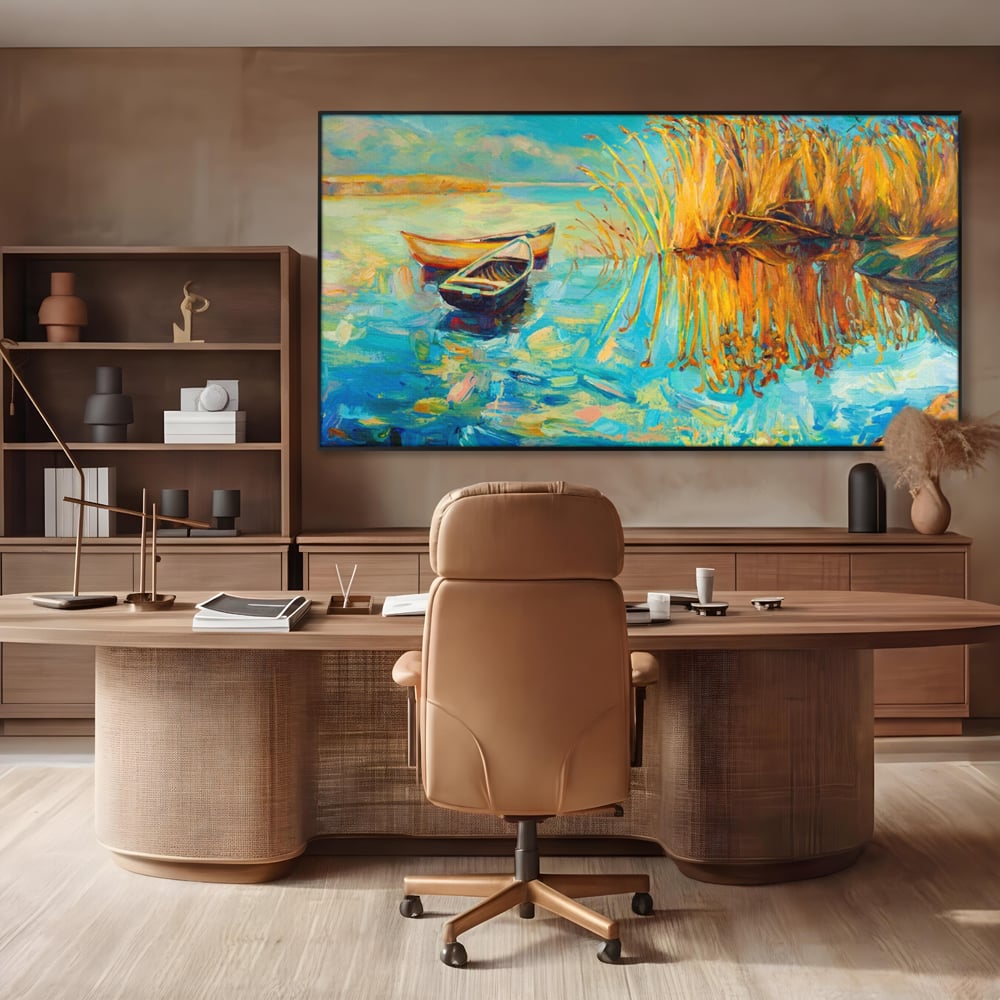 Tablou Canvas Premium  LuxCanva® A1096, Doua Barci , Stuf, Lac, Pasari, Culori Vibrante