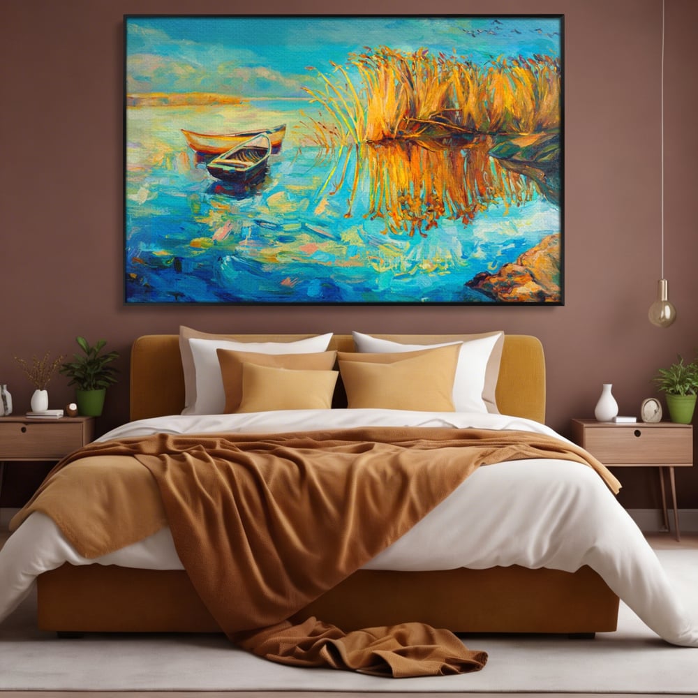 Tablou Canvas Premium  LuxCanva® A1096, Doua Barci , Stuf, Lac, Pasari, Culori Vibrante