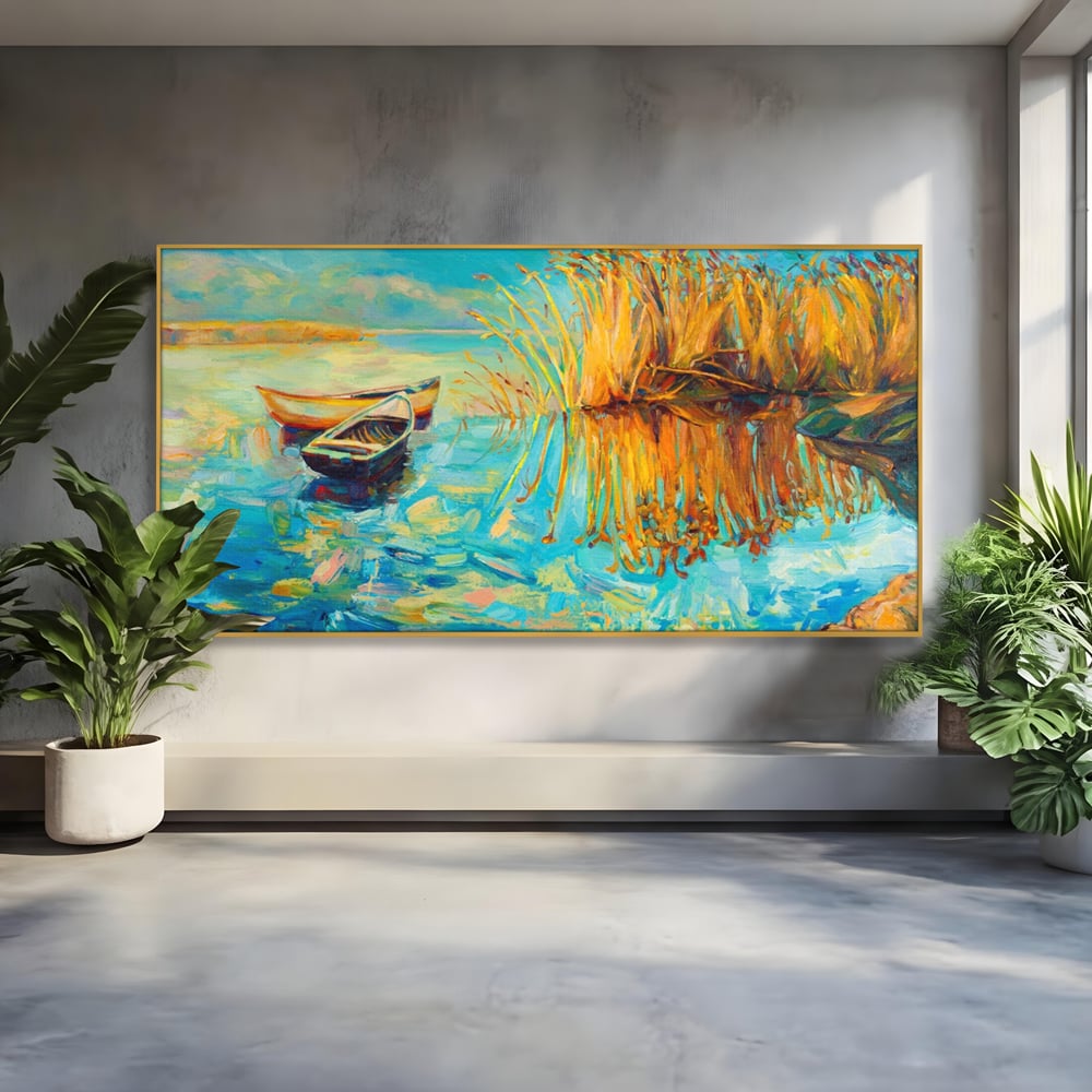 Tablou Canvas Premium  LuxCanva® A1096, Doua Barci , Stuf, Lac, Pasari, Culori Vibrante