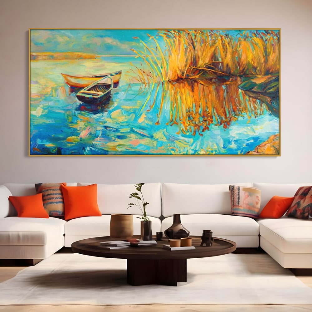 Tablou Canvas Premium  LuxCanva® A1096, Doua Barci , Stuf, Lac, Pasari, Culori Vibrante
