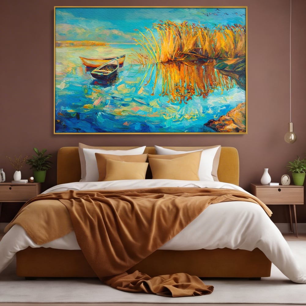 Tablou Canvas Premium  LuxCanva® A1096, Doua Barci , Stuf, Lac, Pasari, Culori Vibrante