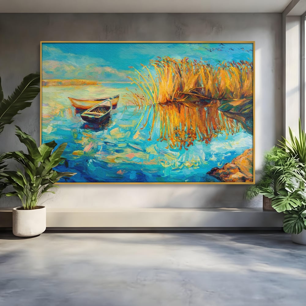 Tablou Canvas Premium  LuxCanva® A1096, Doua Barci , Stuf, Lac, Pasari, Culori Vibrante