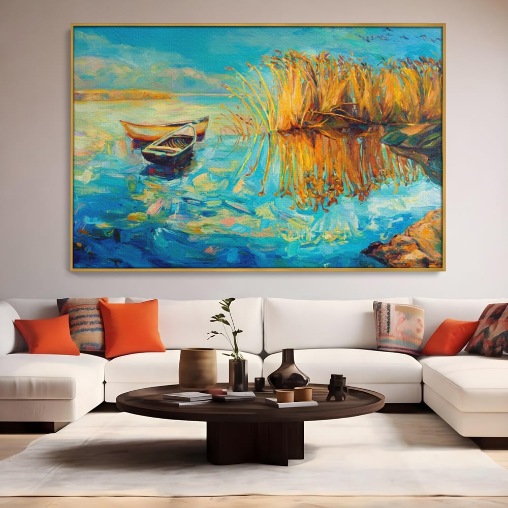 Tablou Canvas Premium  LuxCanva® A1096, Doua Barci , Stuf, Lac, Pasari, Culori Vibrante