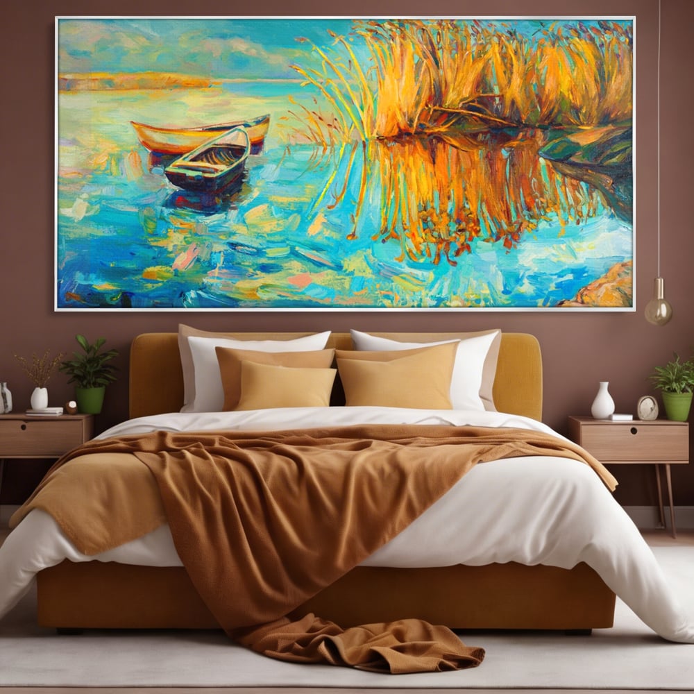 Tablou Canvas Premium  LuxCanva® A1096, Doua Barci , Stuf, Lac, Pasari, Culori Vibrante