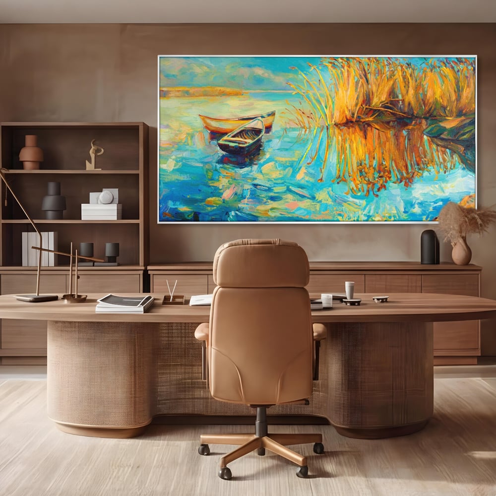 Tablou Canvas Premium  LuxCanva® A1096, Doua Barci , Stuf, Lac, Pasari, Culori Vibrante