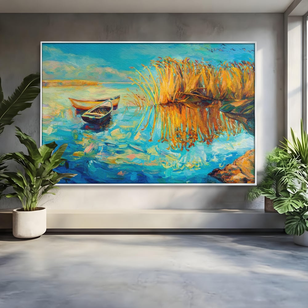 Tablou Canvas Premium  LuxCanva® A1096, Doua Barci , Stuf, Lac, Pasari, Culori Vibrante