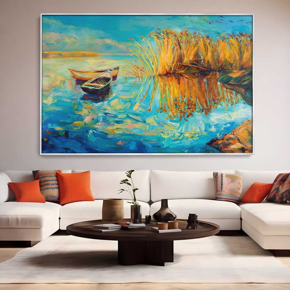 Tablou Canvas Premium  LuxCanva® A1096, Doua Barci , Stuf, Lac, Pasari, Culori Vibrante