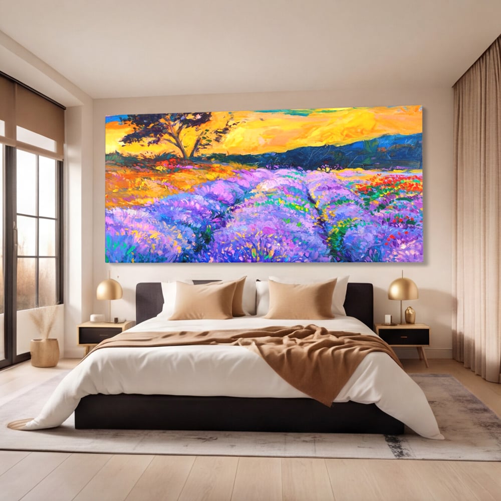Tablou Canvas Premium LuxCanva® A1097, Lavanda ,  Peisaj, Apus, Mov, Lila, Camp, Culori Vibrante
