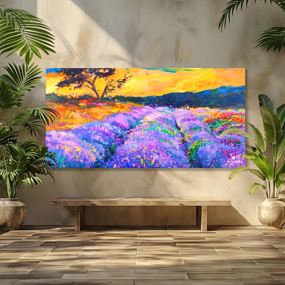 Tablou Canvas Premium LuxCanva® A1097, Lavanda ,  Peisaj, Apus, Mov, Lila, Camp, Culori Vibrante