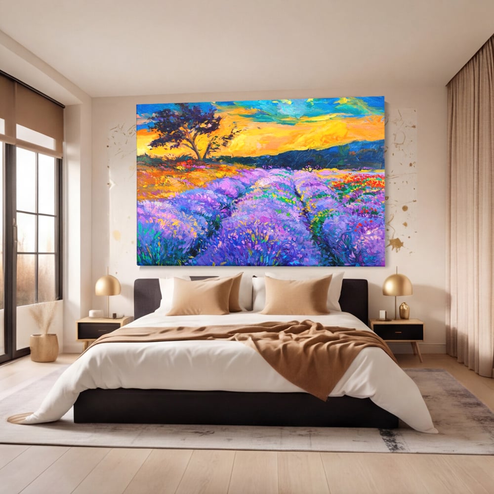 Tablou Canvas Premium LuxCanva® A1097, Lavanda ,  Peisaj, Apus, Mov, Lila, Camp, Culori Vibrante