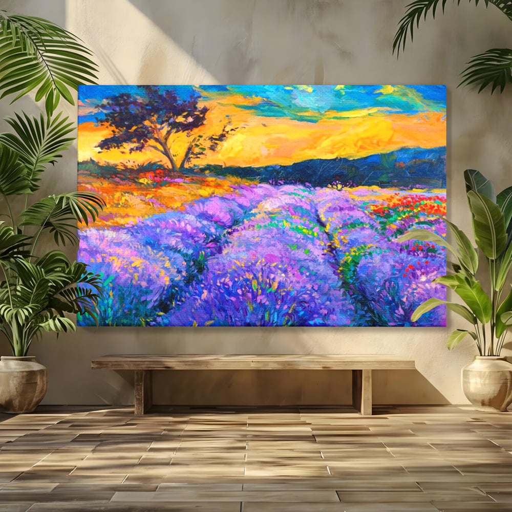 Tablou Canvas Premium LuxCanva® A1097, Lavanda ,  Peisaj, Apus, Mov, Lila, Camp, Culori Vibrante