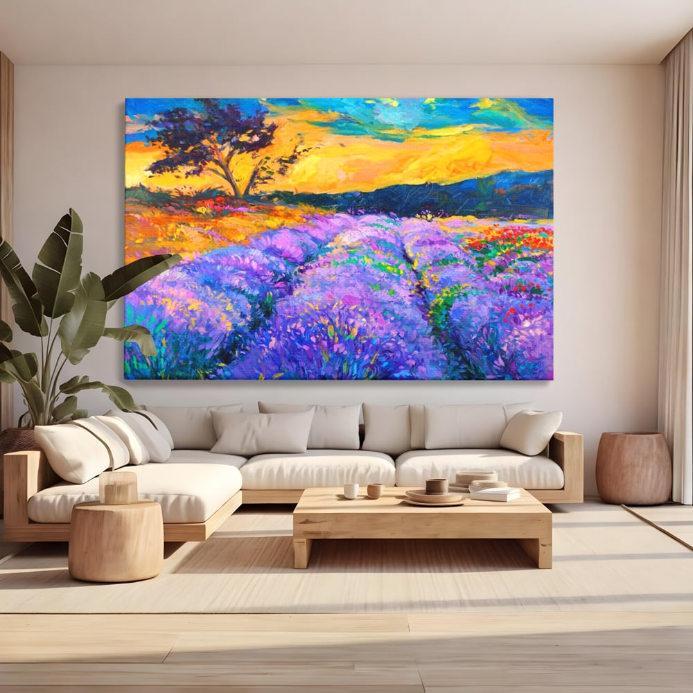 Tablou Canvas Premium LuxCanva® A1097, Lavanda ,  Peisaj, Apus, Mov, Lila, Camp, Culori Vibrante