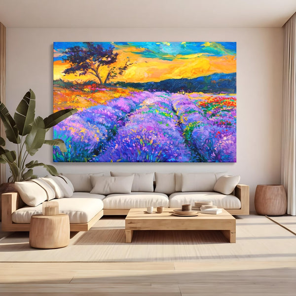 Tablou Canvas Premium LuxCanva® A1097, Lavanda ,  Peisaj, Apus, Mov, Lila, Camp, Culori Vibrante