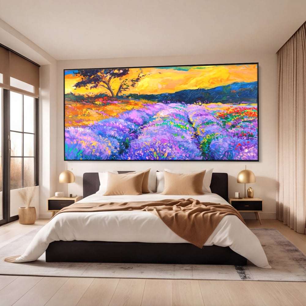 Tablou Canvas Premium LuxCanva® A1097, Lavanda ,  Peisaj, Apus, Mov, Lila, Camp, Culori Vibrante