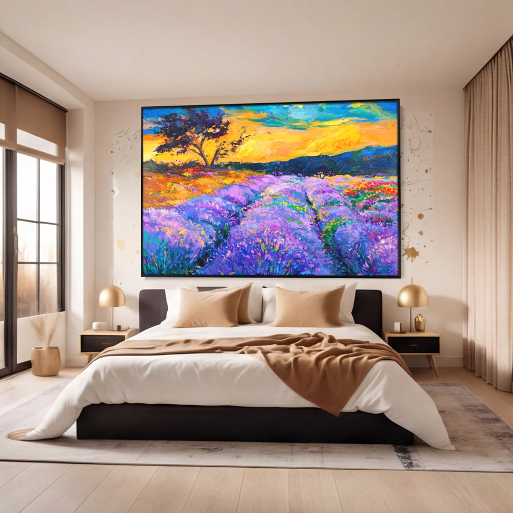Tablou Canvas Premium LuxCanva® A1097, Lavanda ,  Peisaj, Apus, Mov, Lila, Camp, Culori Vibrante