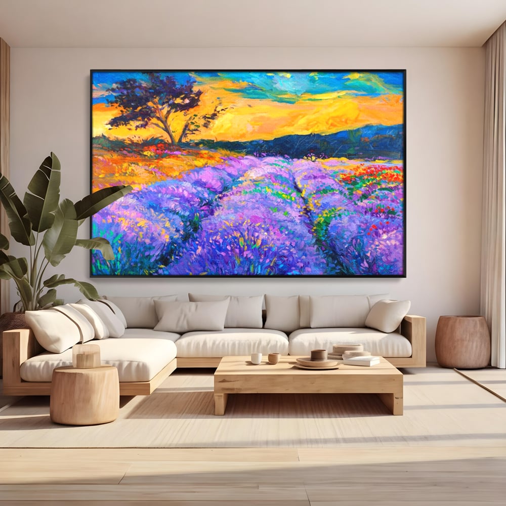 Tablou Canvas Premium LuxCanva® A1097, Lavanda ,  Peisaj, Apus, Mov, Lila, Camp, Culori Vibrante