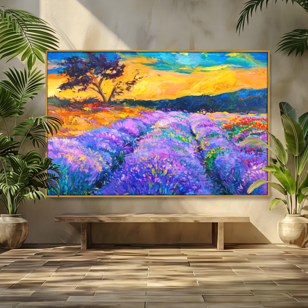 Tablou Canvas Premium LuxCanva® A1097, Lavanda ,  Peisaj, Apus, Mov, Lila, Camp, Culori Vibrante