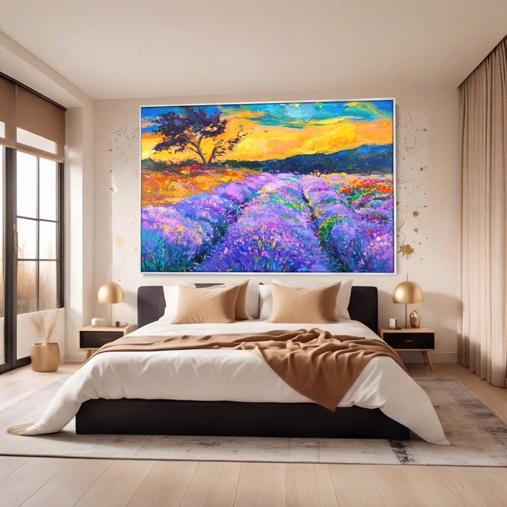 Tablou Canvas Premium LuxCanva® A1097, Lavanda ,  Peisaj, Apus, Mov, Lila, Camp, Culori Vibrante
