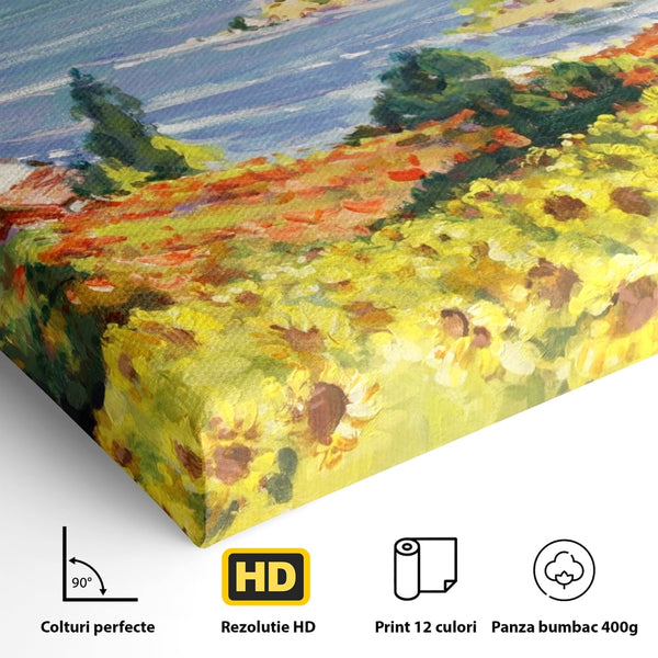 Tablou Canvas Premium LuxCanva® A1099, Floarea Soarelui , Peisaj, Mare, Casa, Culori Vibrante