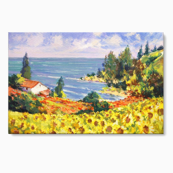Tablou Canvas Premium LuxCanva® A1099, Floarea Soarelui , Peisaj, Mare, Casa, Culori Vibrante
