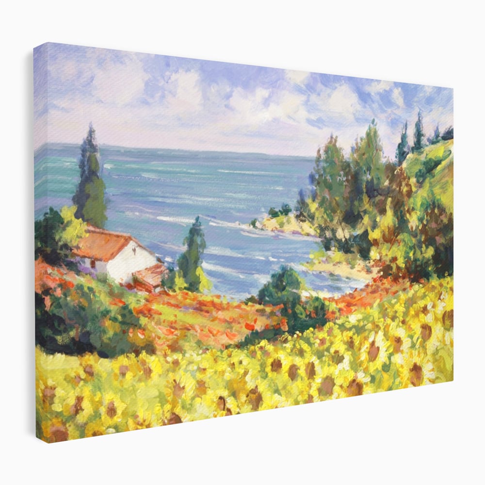 Tablou Canvas Premium LuxCanva® A1099, Floarea Soarelui , Peisaj, Mare, Casa, Culori Vibrante