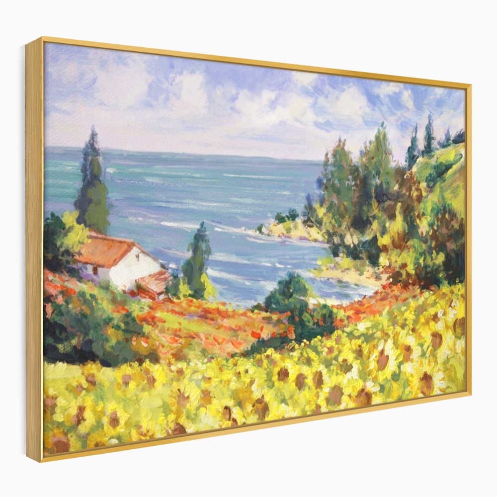 Tablou Canvas Premium LuxCanva® A1099, Floarea Soarelui , Peisaj, Mare, Casa, Culori Vibrante