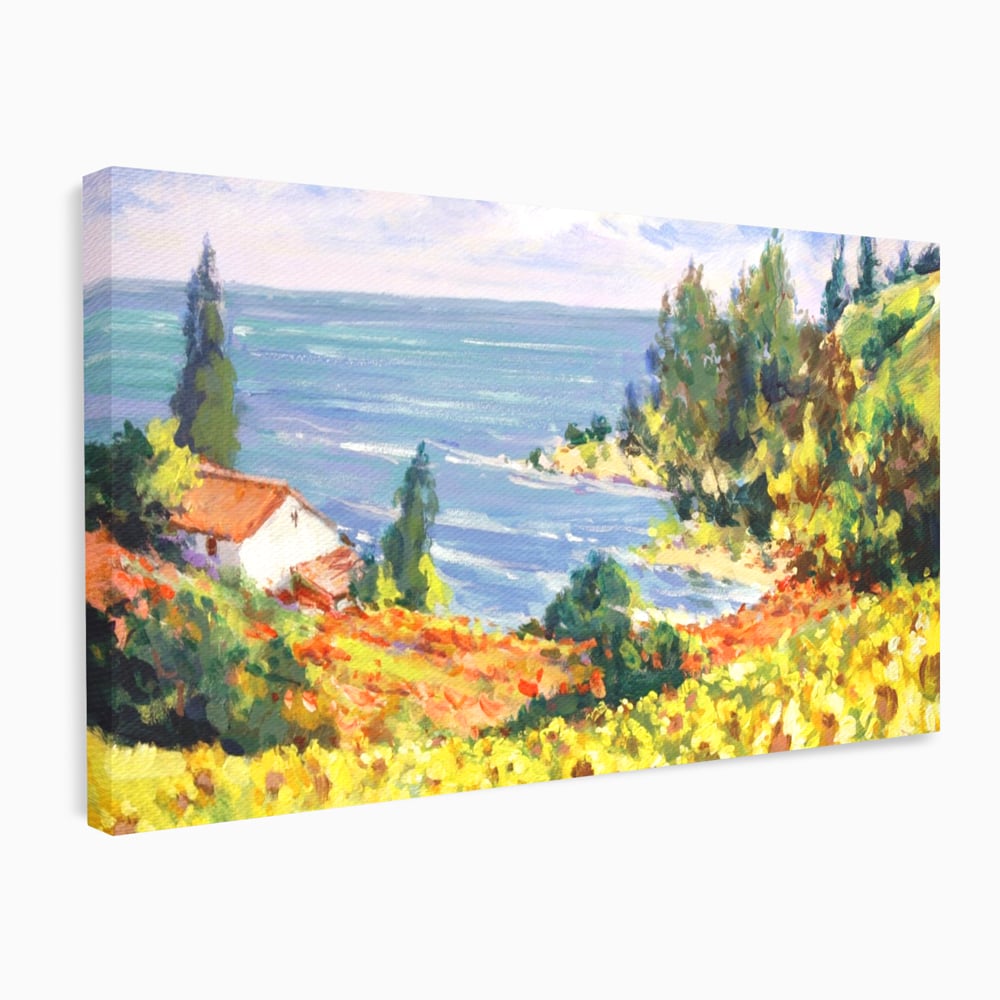 Tablou Canvas Premium LuxCanva® A1099, Floarea Soarelui , Peisaj, Mare, Casa, Culori Vibrante