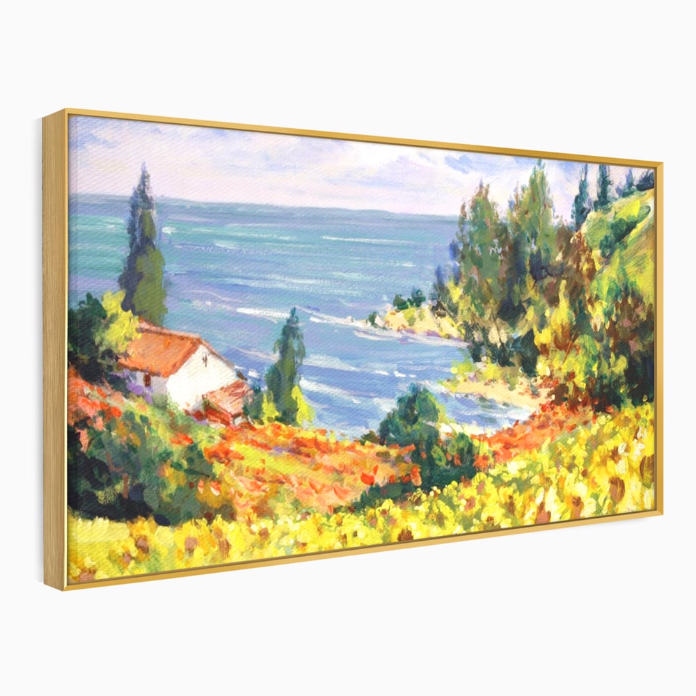Tablou Canvas Premium LuxCanva® A1099, Floarea Soarelui , Peisaj, Mare, Casa, Culori Vibrante