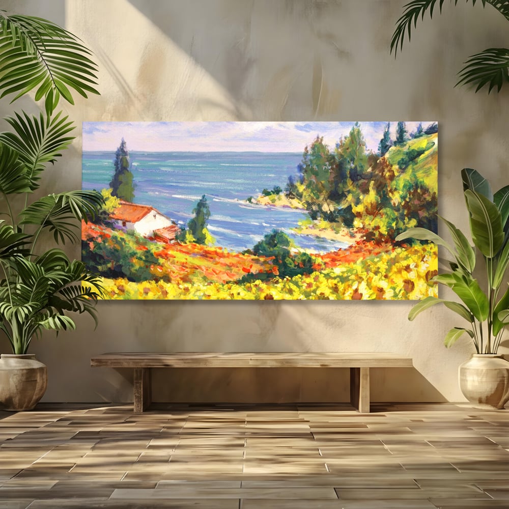 Tablou Canvas Premium LuxCanva® A1099, Floarea Soarelui , Peisaj, Mare, Casa, Culori Vibrante