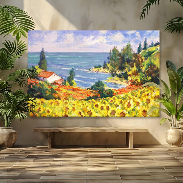 Tablou Canvas Premium LuxCanva® A1099, Floarea Soarelui , Peisaj, Mare, Casa, Culori Vibrante
