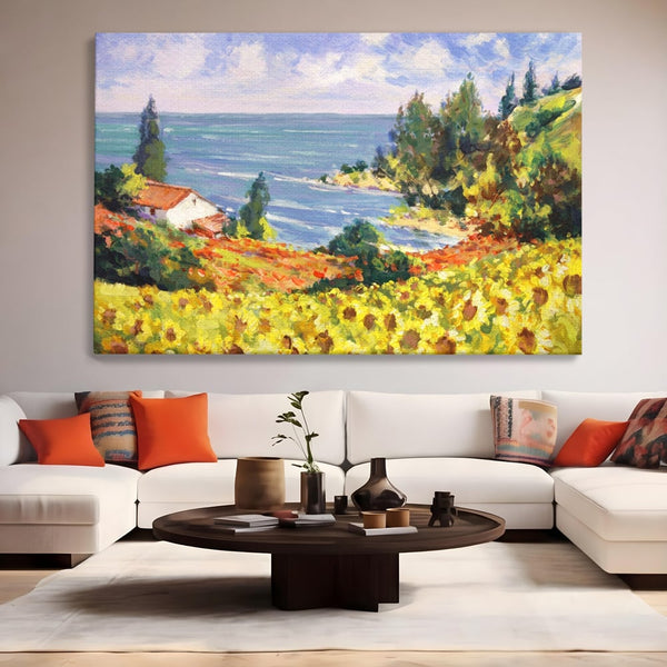 Tablou Canvas Premium LuxCanva® A1099, Floarea Soarelui , Peisaj, Mare, Casa, Culori Vibrante