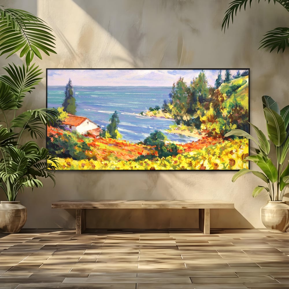 Tablou Canvas Premium LuxCanva® A1099, Floarea Soarelui , Peisaj, Mare, Casa, Culori Vibrante