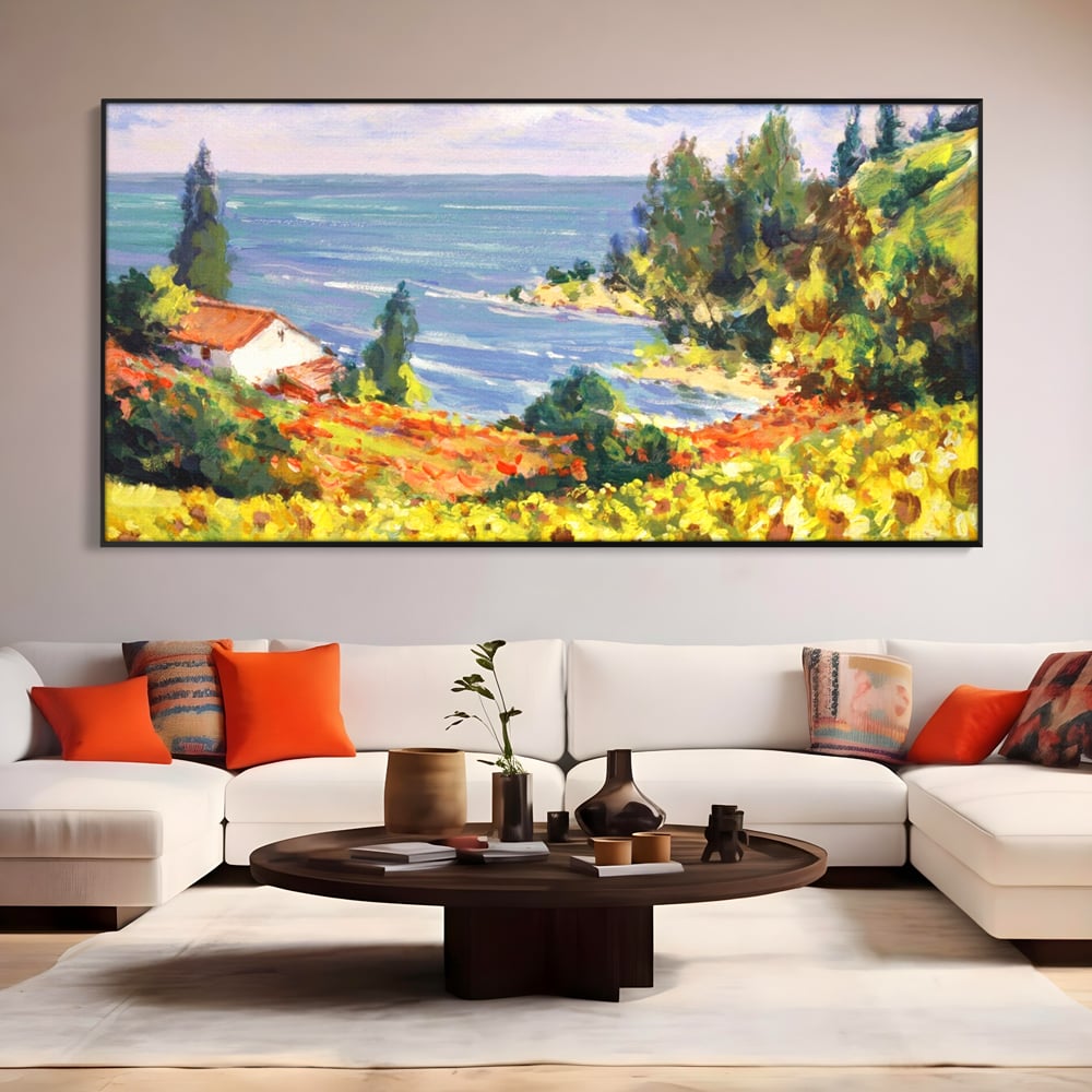 Tablou Canvas Premium LuxCanva® A1099, Floarea Soarelui , Peisaj, Mare, Casa, Culori Vibrante