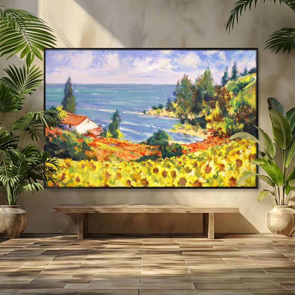 Tablou Canvas Premium LuxCanva® A1099, Floarea Soarelui , Peisaj, Mare, Casa, Culori Vibrante