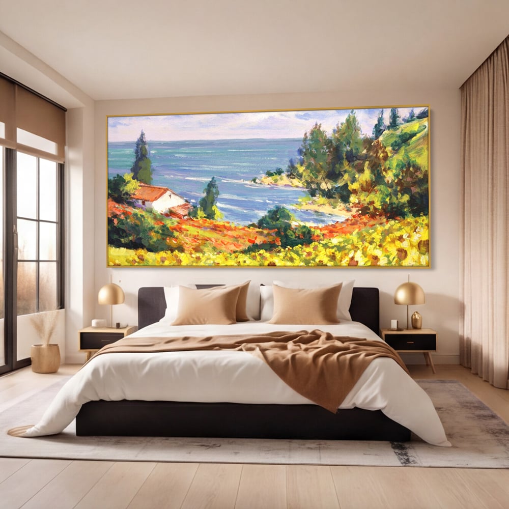 Tablou Canvas Premium LuxCanva® A1099, Floarea Soarelui , Peisaj, Mare, Casa, Culori Vibrante