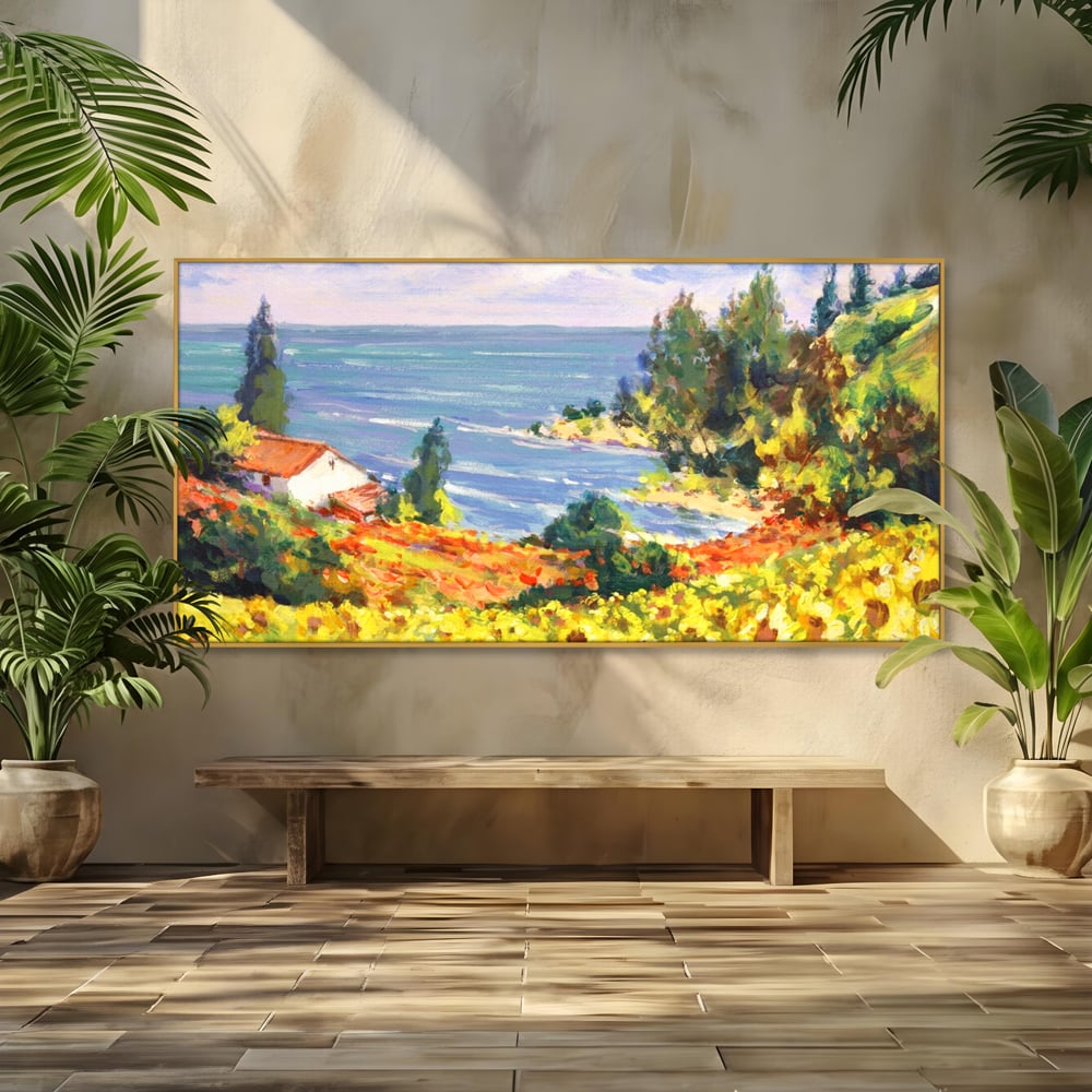 Tablou Canvas Premium LuxCanva® A1099, Floarea Soarelui , Peisaj, Mare, Casa, Culori Vibrante