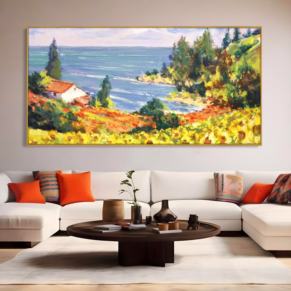 Tablou Canvas Premium LuxCanva® A1099, Floarea Soarelui , Peisaj, Mare, Casa, Culori Vibrante