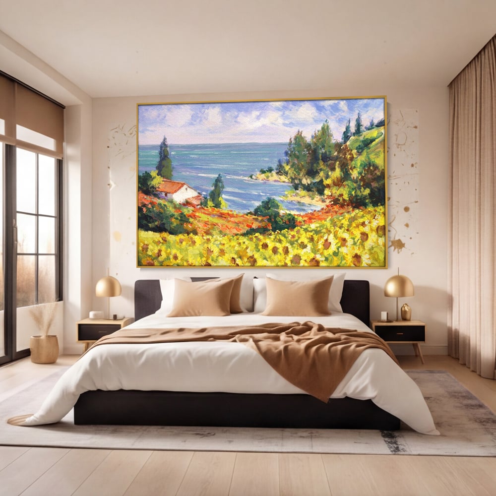 Tablou Canvas Premium LuxCanva® A1099, Floarea Soarelui , Peisaj, Mare, Casa, Culori Vibrante