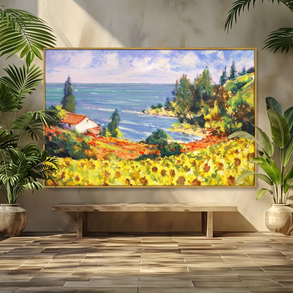 Tablou Canvas Premium LuxCanva® A1099, Floarea Soarelui , Peisaj, Mare, Casa, Culori Vibrante