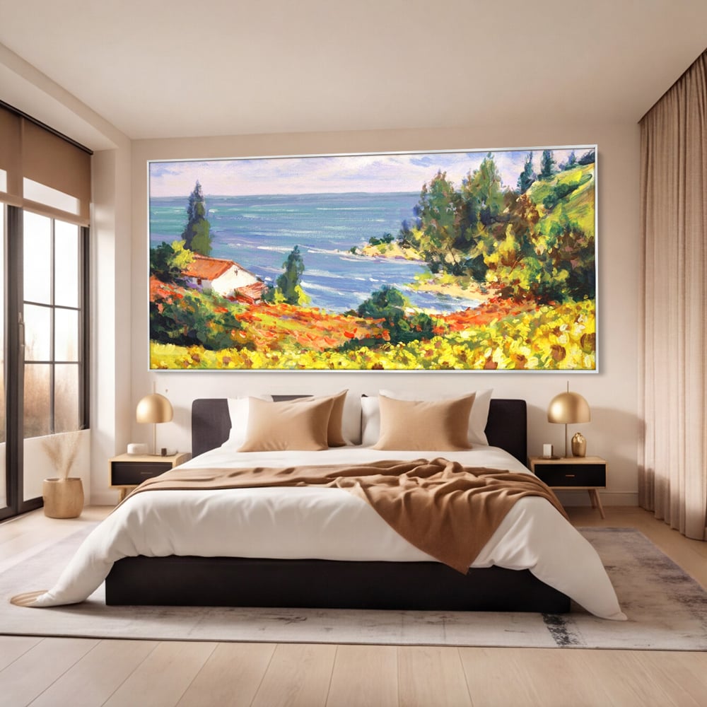 Tablou Canvas Premium LuxCanva® A1099, Floarea Soarelui , Peisaj, Mare, Casa, Culori Vibrante