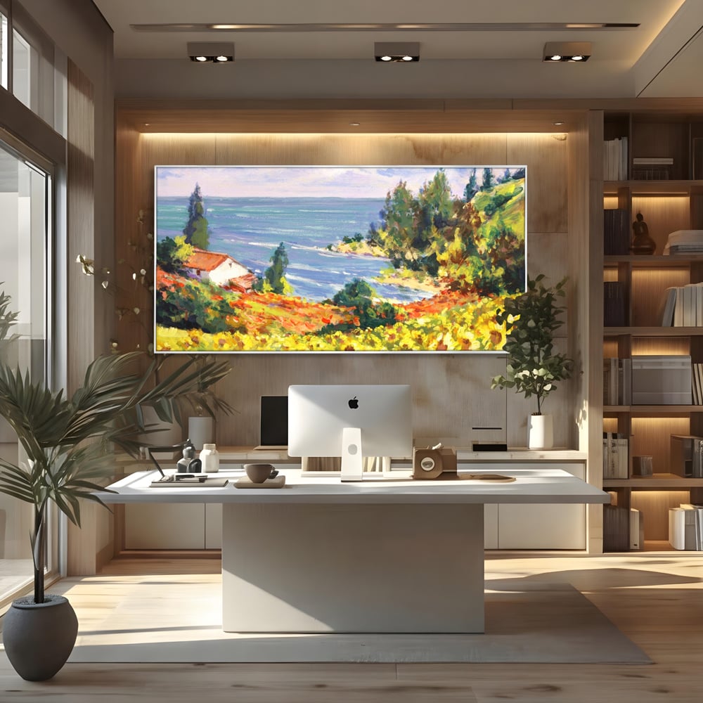 Tablou Canvas Premium LuxCanva® A1099, Floarea Soarelui , Peisaj, Mare, Casa, Culori Vibrante