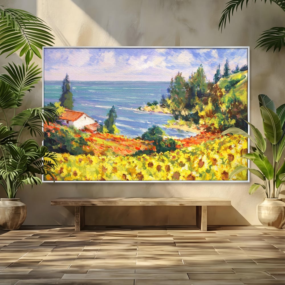 Tablou Canvas Premium LuxCanva® A1099, Floarea Soarelui , Peisaj, Mare, Casa, Culori Vibrante