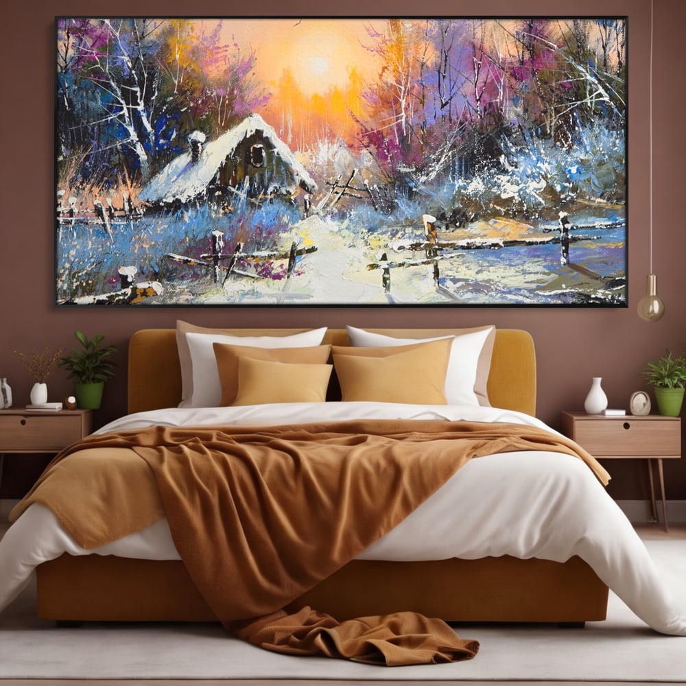 Tablou Canvas Premium LuxCanva® A1100, Iarna In Padure , Peisaj, Casa, Natura, Zapada, Culori Vibrante