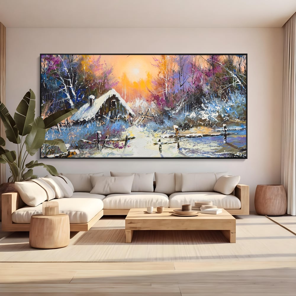 Tablou Canvas Premium LuxCanva® A1100, Iarna In Padure , Peisaj, Casa, Natura, Zapada, Culori Vibrante
