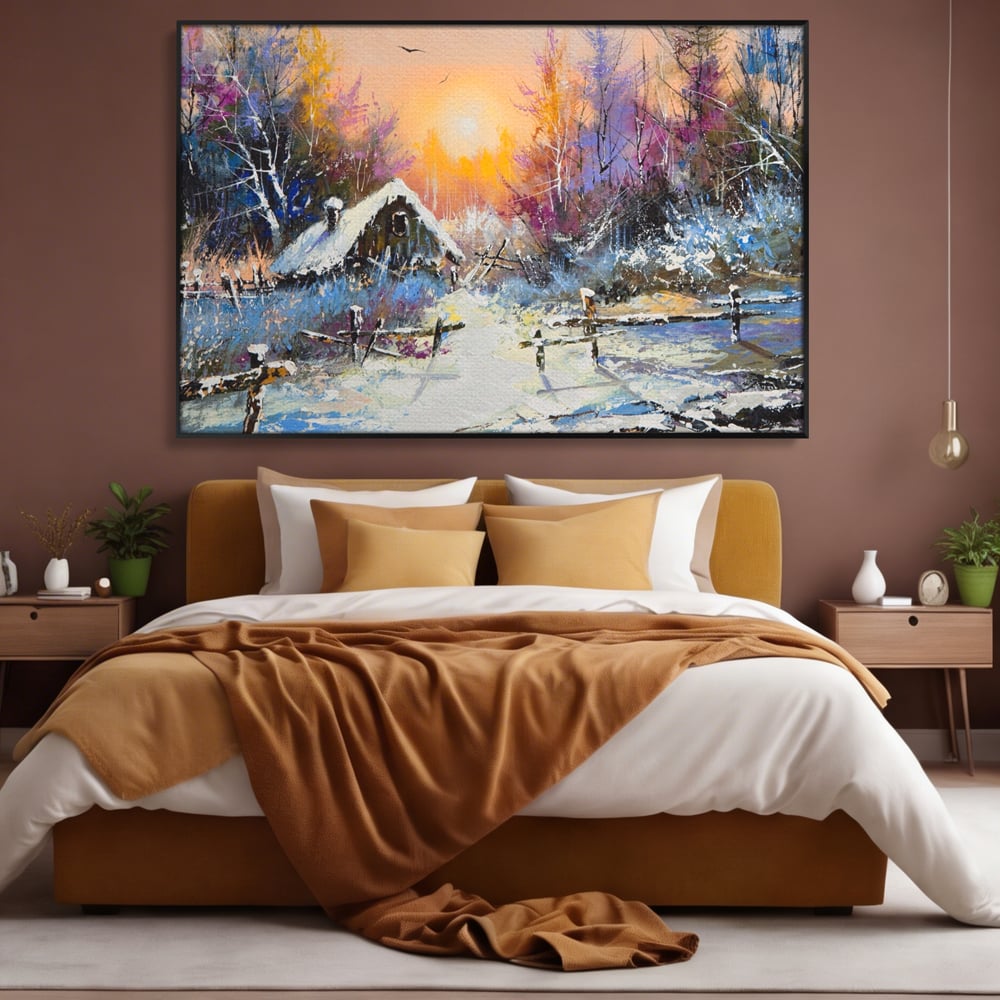 Tablou Canvas Premium LuxCanva® A1100, Iarna In Padure , Peisaj, Casa, Natura, Zapada, Culori Vibrante