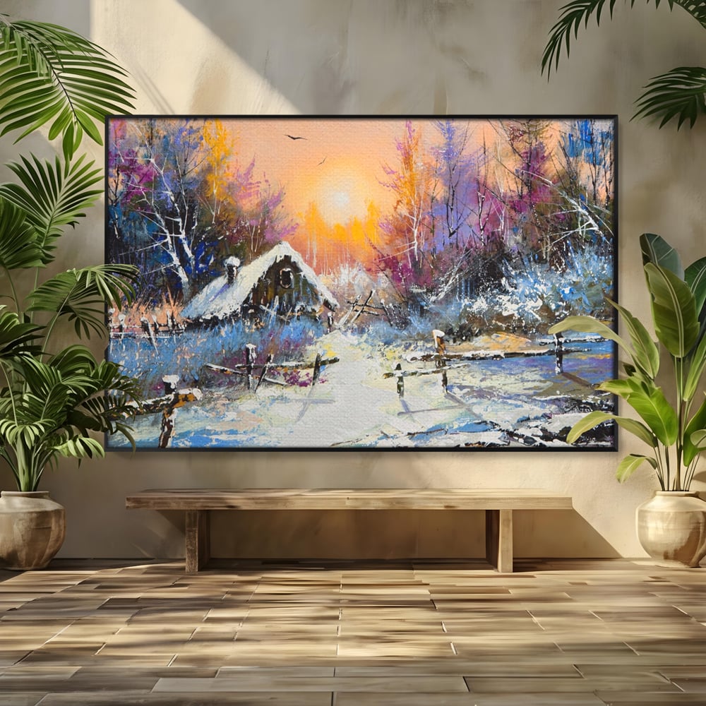 Tablou Canvas Premium LuxCanva® A1100, Iarna In Padure , Peisaj, Casa, Natura, Zapada, Culori Vibrante