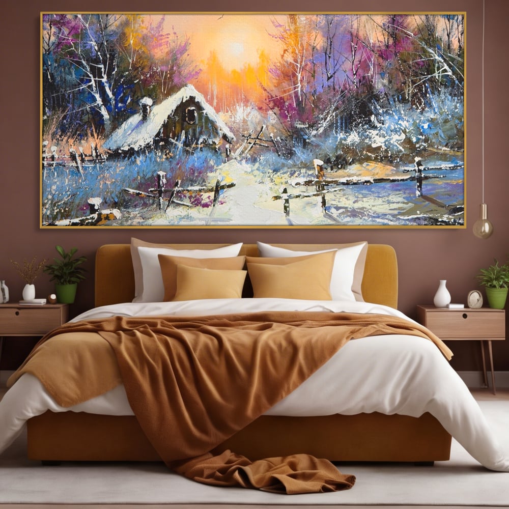 Tablou Canvas Premium LuxCanva® A1100, Iarna In Padure , Peisaj, Casa, Natura, Zapada, Culori Vibrante