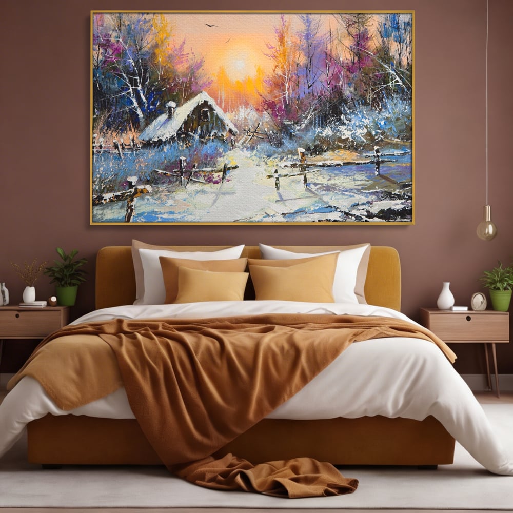Tablou Canvas Premium LuxCanva® A1100, Iarna In Padure , Peisaj, Casa, Natura, Zapada, Culori Vibrante